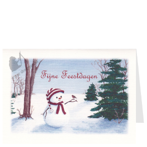 Kerstkaart sneeuwpopje met roodborstje